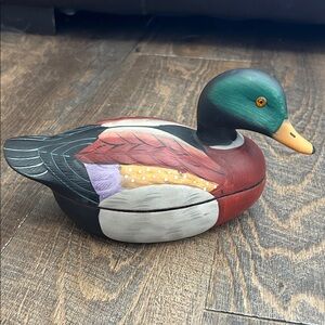 Vintage Jasco Mallard Duck Ceramic Trinket Jewelry Box Hand Painted Felt Lined